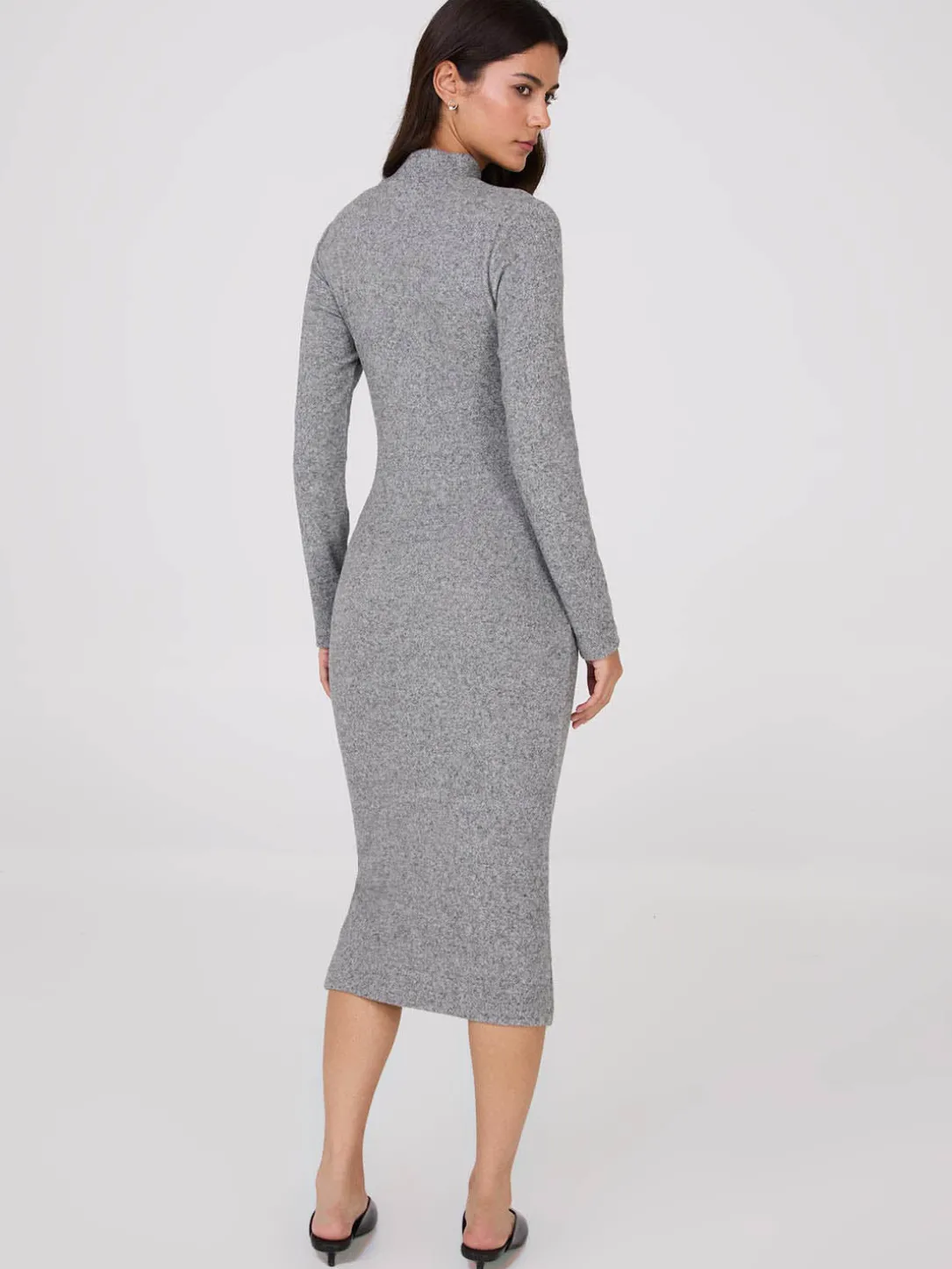 Melange Mock Neck Gathered Midi Dress