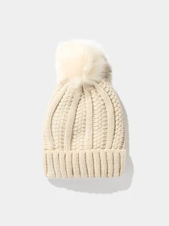 Metallic Beanie With Faux Fur Pom Pom