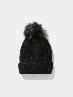 Metallic Beanie With Faux Fur Pom Pom