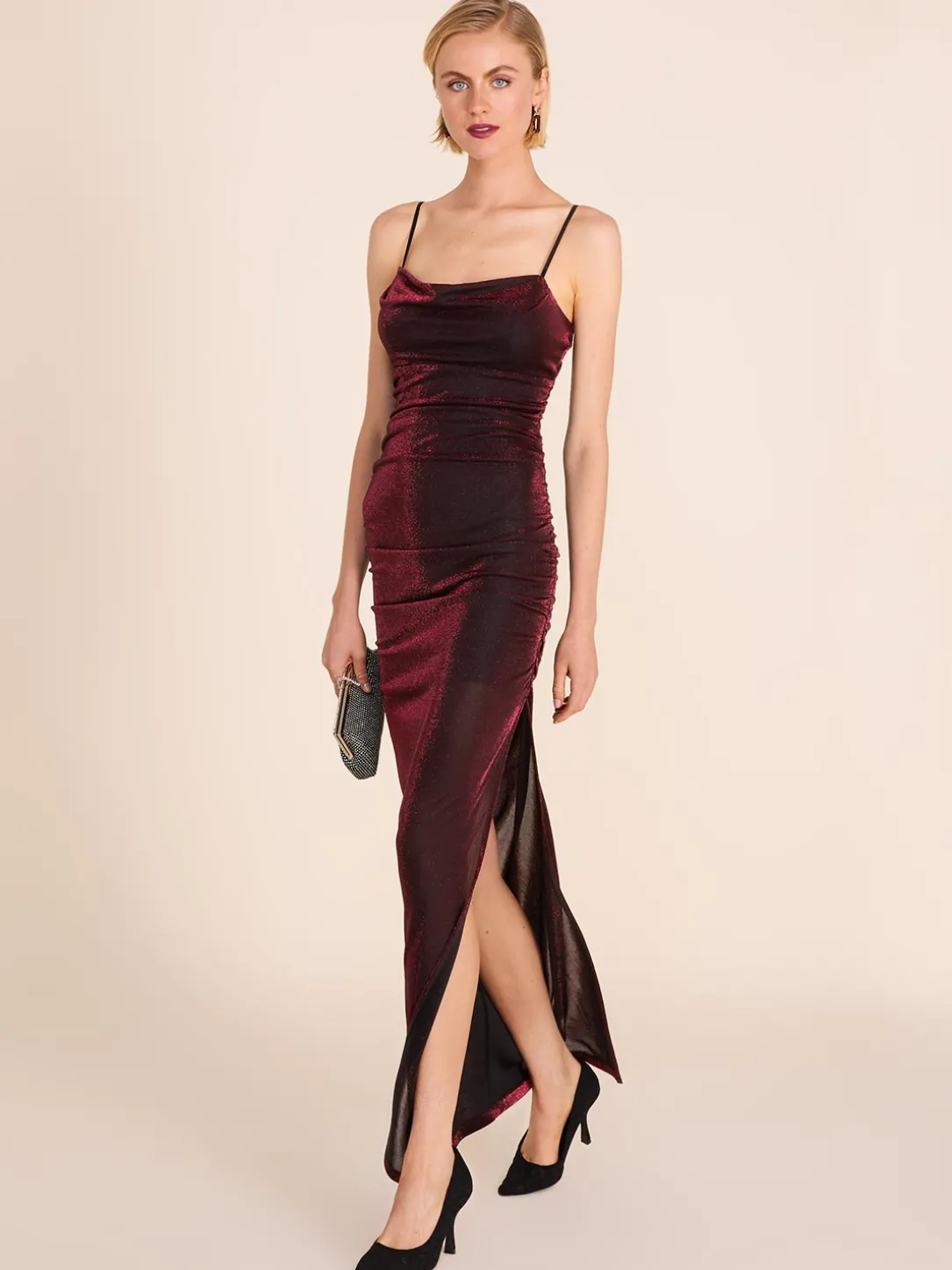 Metallic Cowl Neck Gown