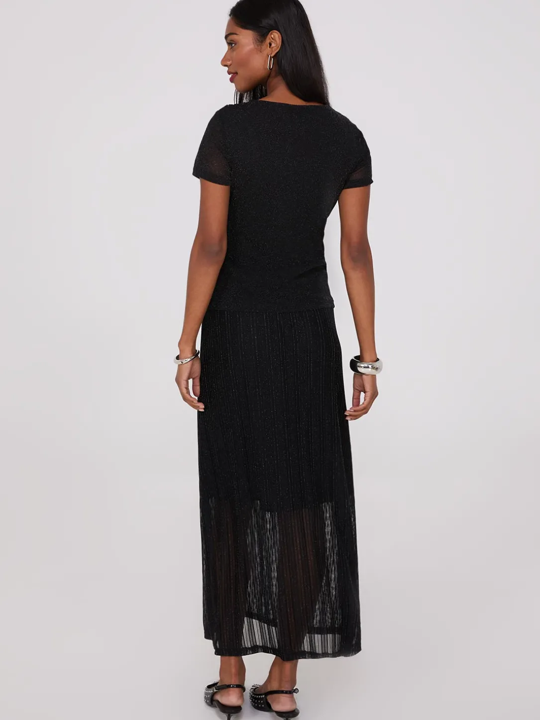 Metallic Mesh Cowl Neck T-Shirt
