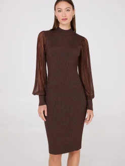 Metallic Mock Neck Midi Dress With Plisse Sleeves