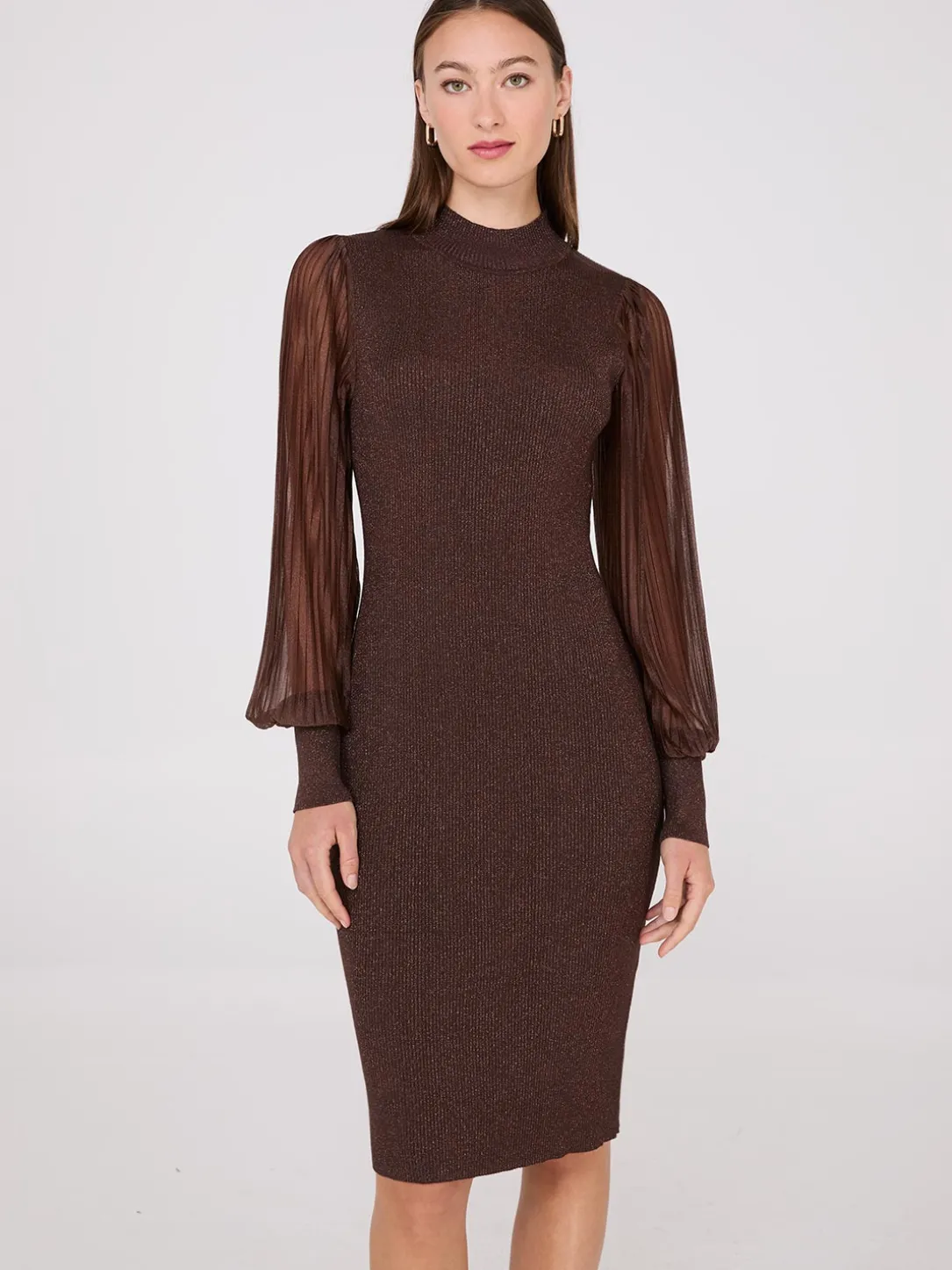 Metallic Mock Neck Midi Dress With Plisse Sleeves