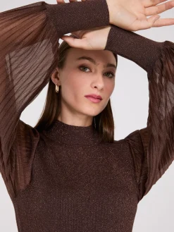 Metallic Mock Neck Midi Dress With Plisse Sleeves