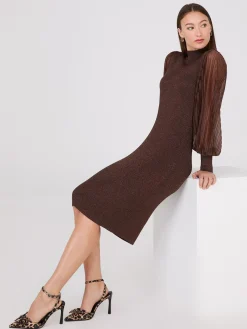 Metallic Mock Neck Midi Dress With Plisse Sleeves
