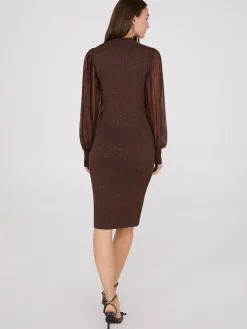 Metallic Mock Neck Midi Dress With Plisse Sleeves