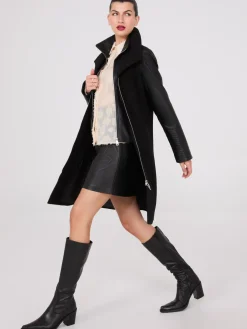 Mid-Length Coat With Faux Leather Details