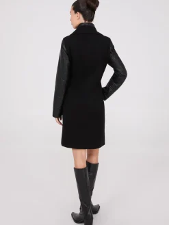 Mid-Length Coat With Faux Leather Details