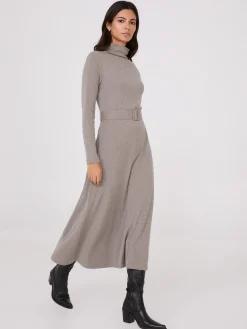 Mock Neck Belted Melange Midi Dress