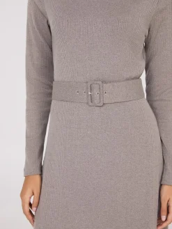 Mock Neck Belted Melange Midi Dress