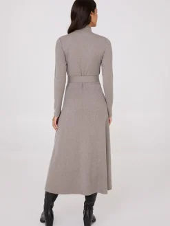 Mock Neck Belted Melange Midi Dress