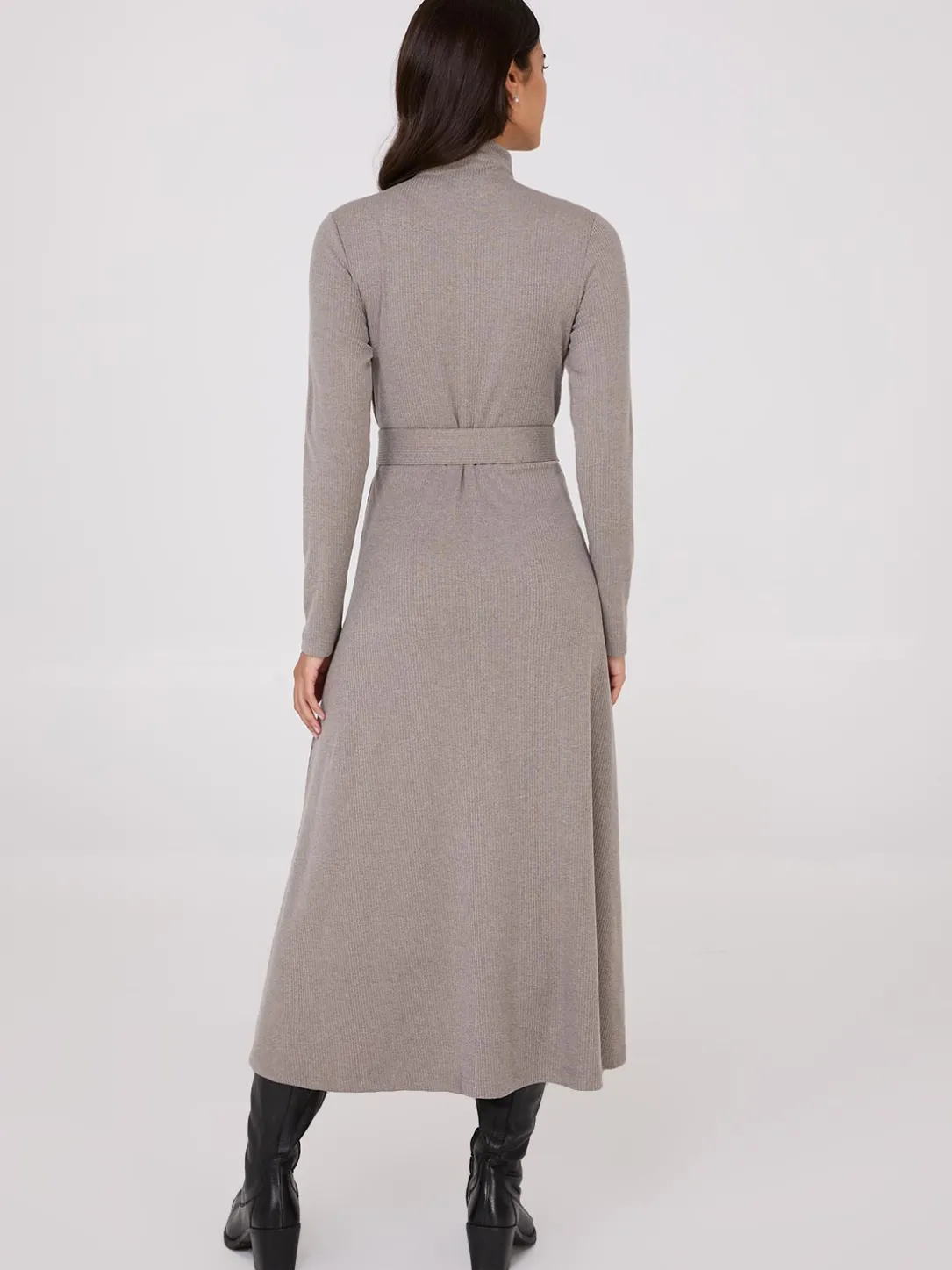 Mock Neck Belted Melange Midi Dress