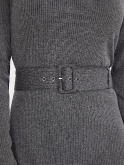 Mock Neck Belted Melange Midi Dress
