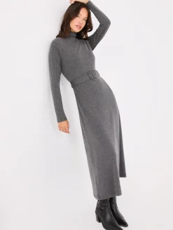 Mock Neck Belted Melange Midi Dress