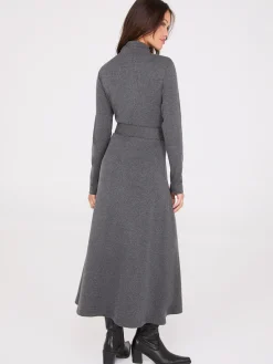 Mock Neck Belted Melange Midi Dress
