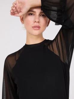 Mock Neck Mesh Top With Ruffle Details