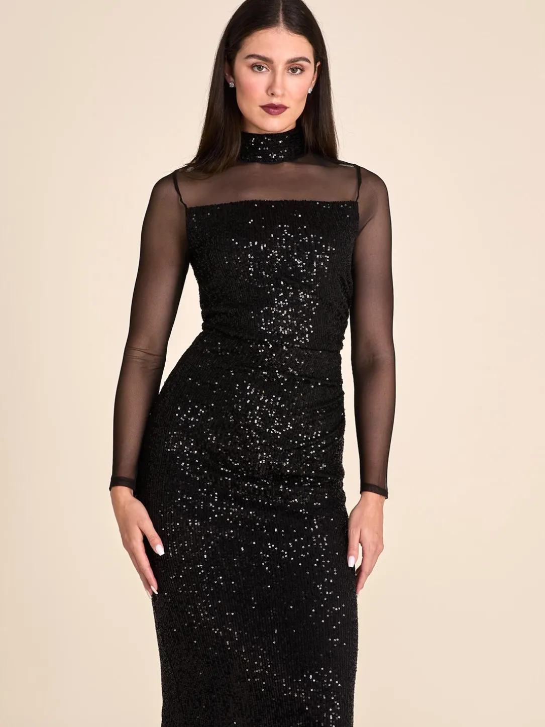 Mock Neck Sequin Column Gown