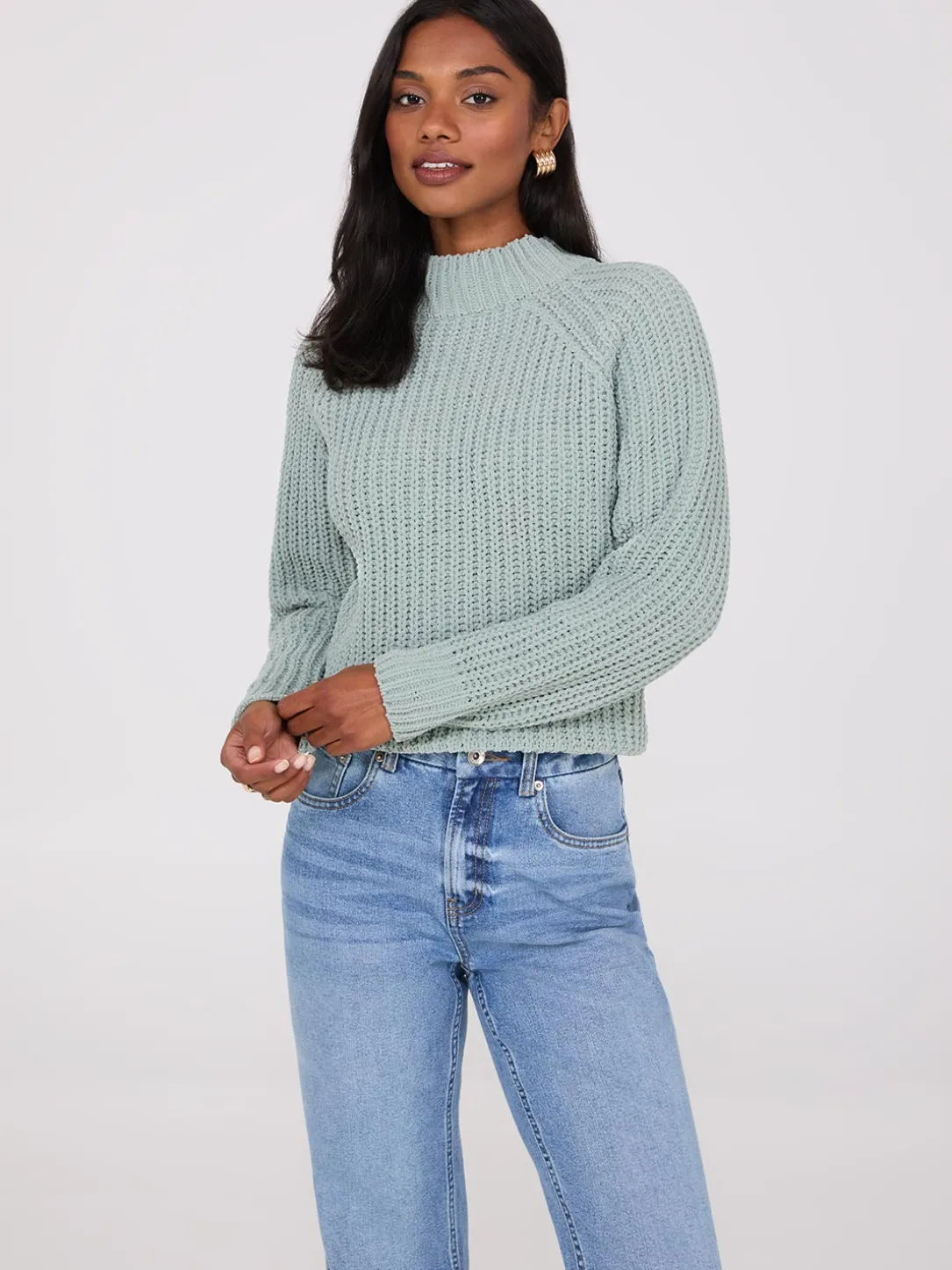 Mock Neck Shaker Stitch Chenille Sweater