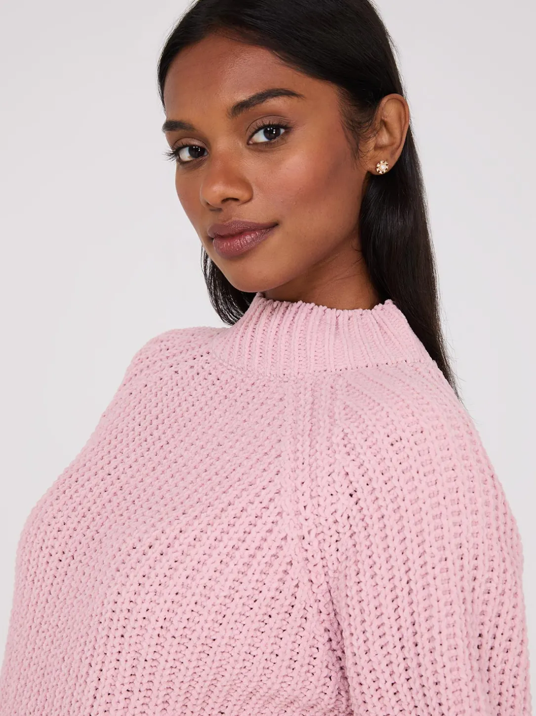 Mock Neck Shaker Stitch Chenille Sweater