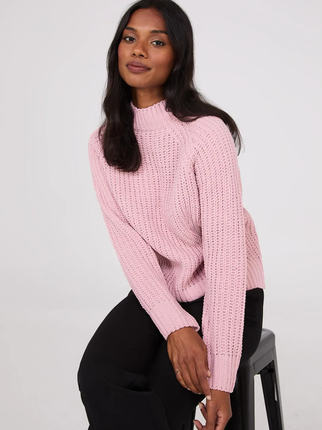 Mock Neck Shaker Stitch Chenille Sweater