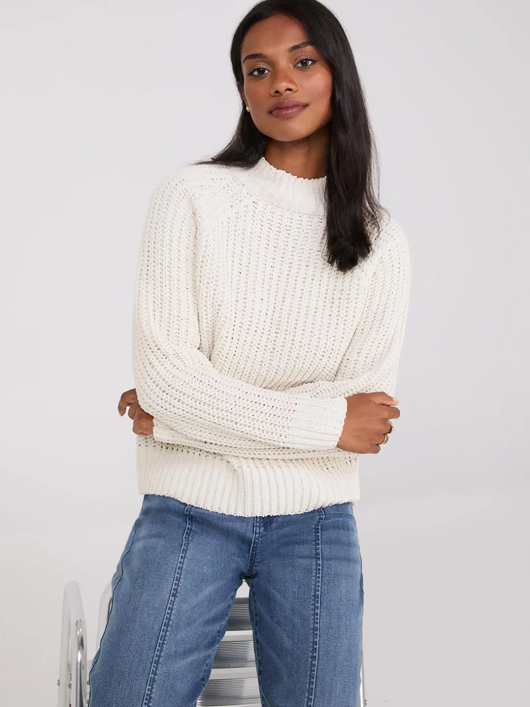 Mock Neck Shaker Stitch Chenille Sweater