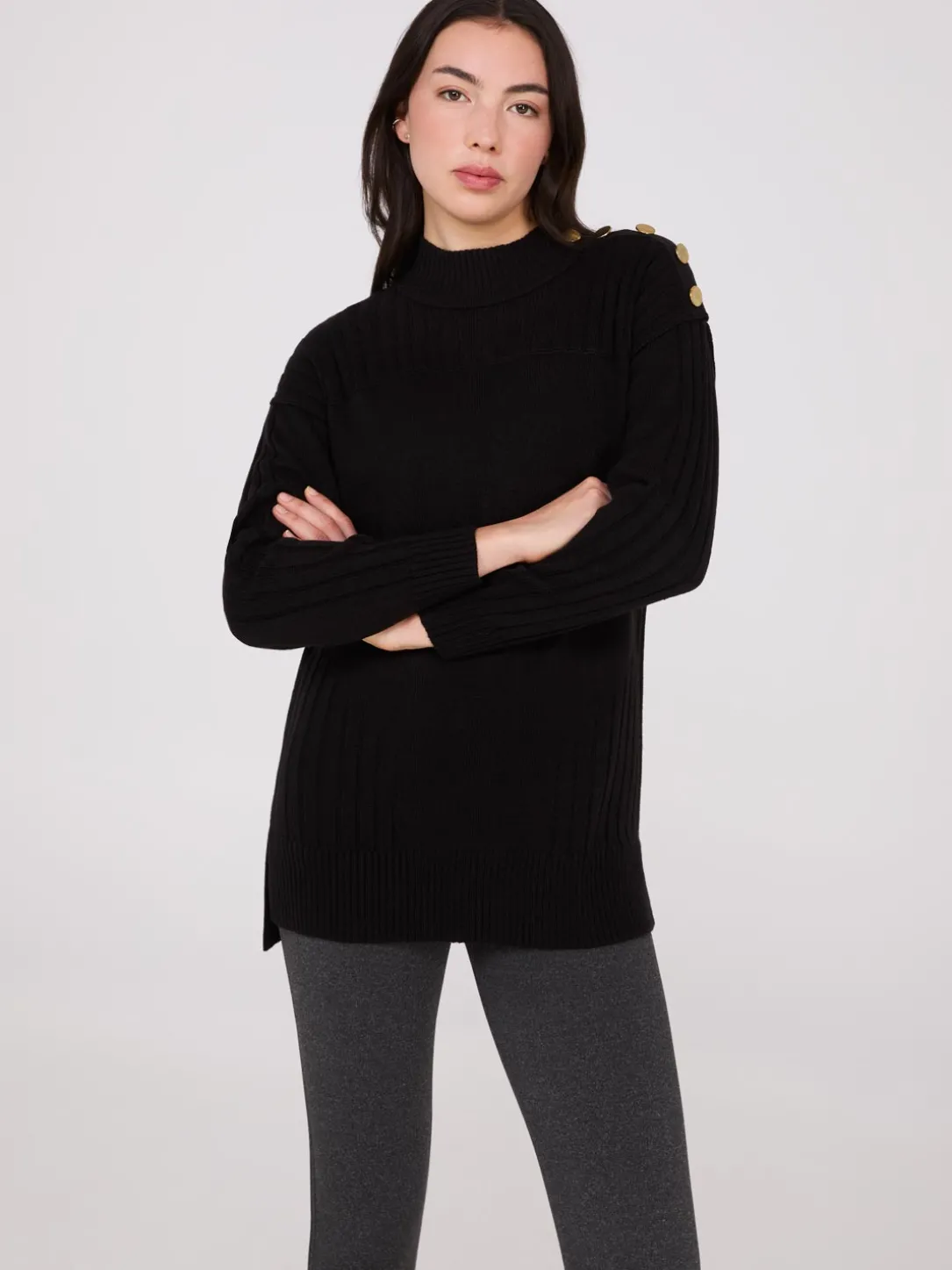 Mock Neck Tunic Sweater With Button Details