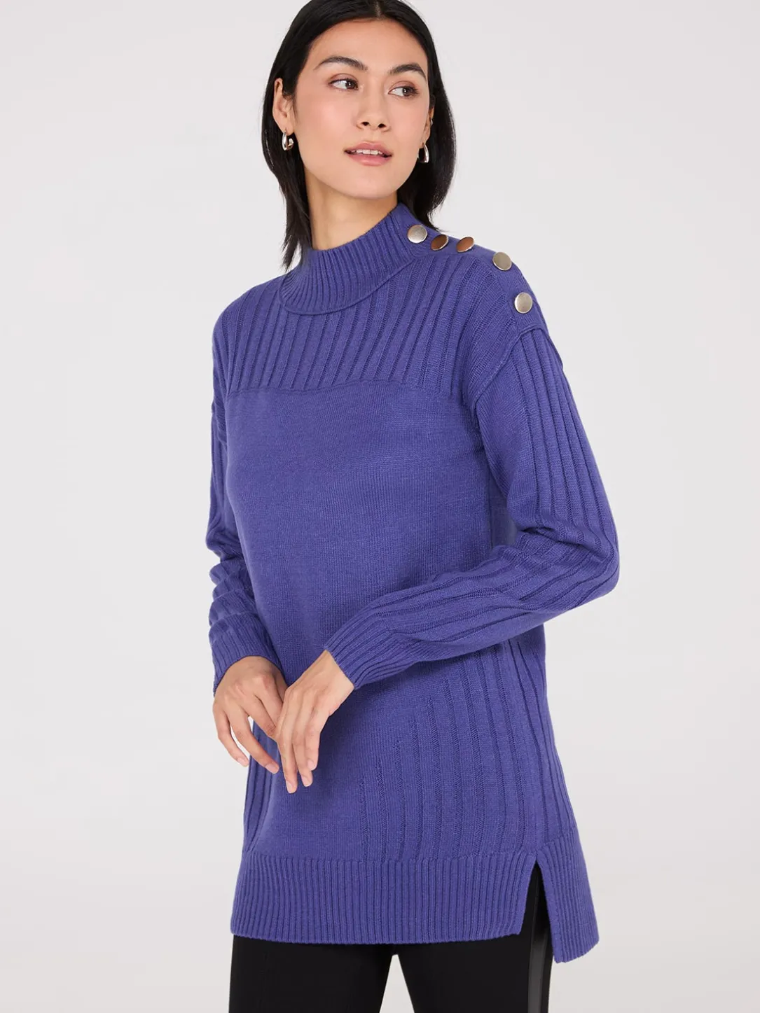 Mock Neck Tunic Sweater With Button Details