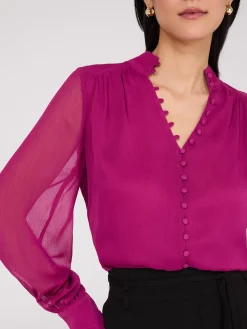 Nehru Collar Button-Front Chiffon Blouse