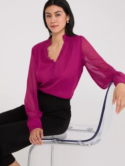 Nehru Collar Button-Front Chiffon Blouse