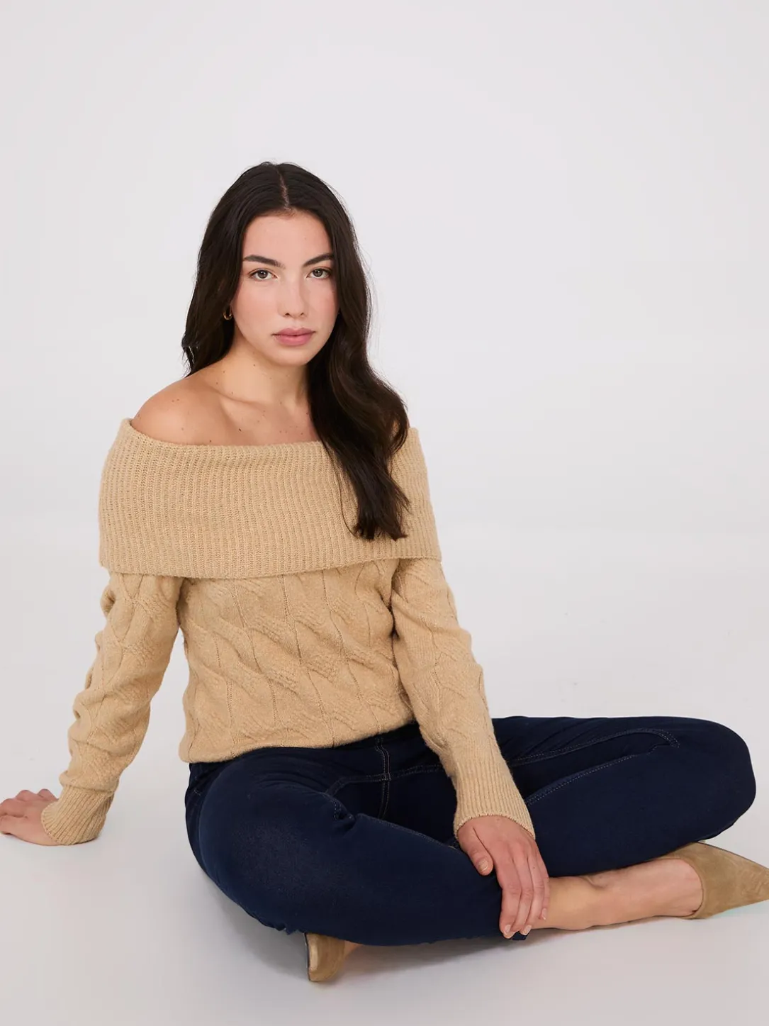 Off-The-Shoulder Cable Knit Sweater