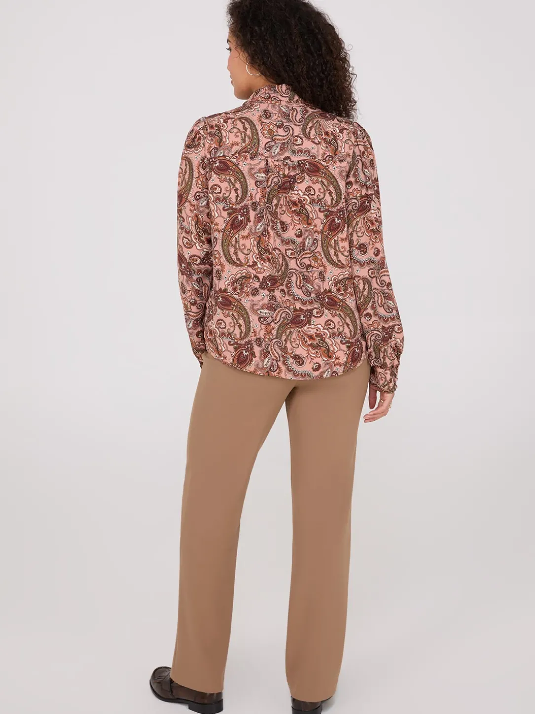 Paisley Print Button-Front Bow Blouse