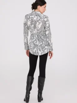 Paisley Print Chiffon Belted Tunic Blouse