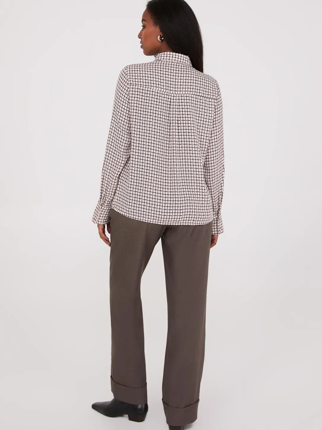 Plaid Button-Front Chiffon Blouse With Removable Tie