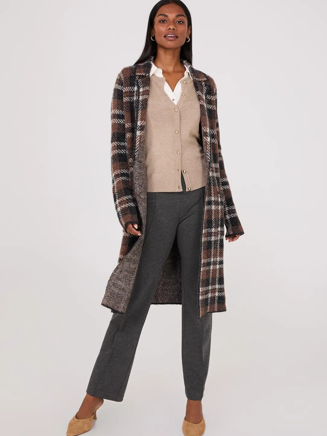 Plaid Jacquard Notch Collar One-Button Duster