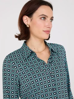 Printed Button-Front Classic Blouse