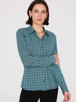 Printed Button-Front Classic Blouse