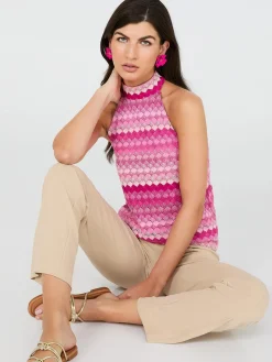 Printed Crochet Halter Neck Top