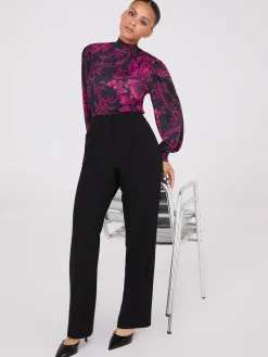 Printed Long Balloon Sleeve Mock Neck Blouse