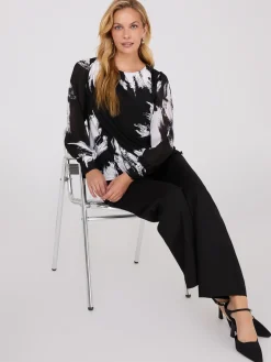 Printed Long Chiffon Sleeve Boat Neck Top