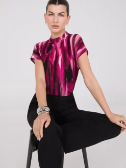 Printed Short Dolman Sleeve Funnel Neck Top
