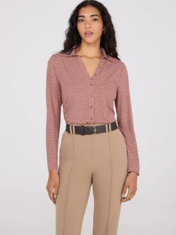 Printed Split Neck Button-Down Blouse