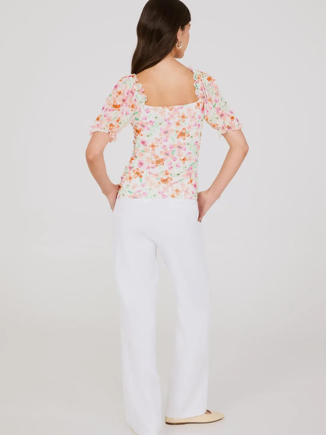 Printed Sweetheart Neckline Top With Puff Sleeves