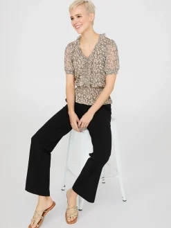 Printed Textured V-Neck Top With Smocked Bottom Band