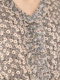Printed Textured V-Neck Top With Smocked Bottom Band