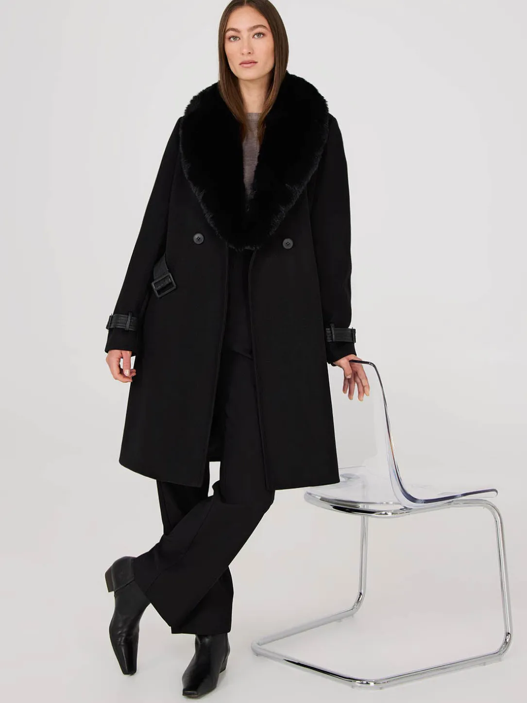 Removable Faux Fur Collar Wrap Coat