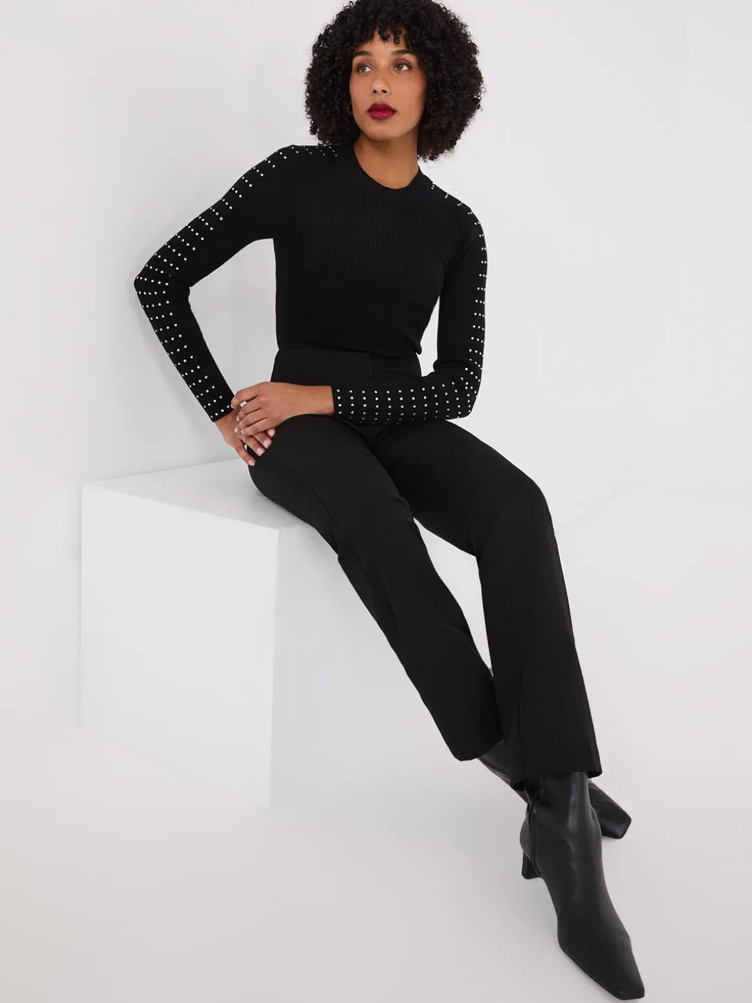 Rhinestone Stud Crew Neck Sweater