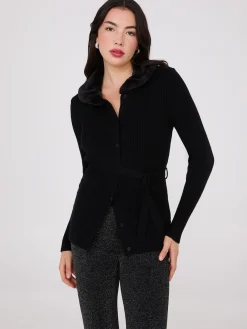 Ribbed Cardigan With Removable Faux Fur Collar