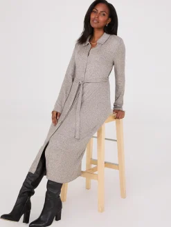 Ribbed Melange Button-Front Midi Dress
