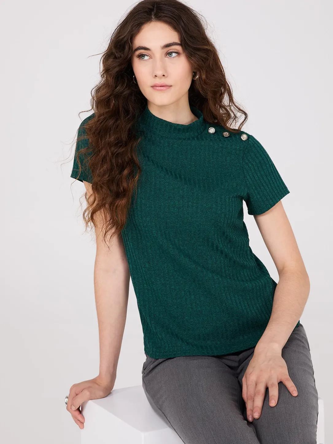 Ribbed Mock Neck Top With Button Details