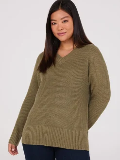 Ribbed V-Neck Sweater With Side Slits